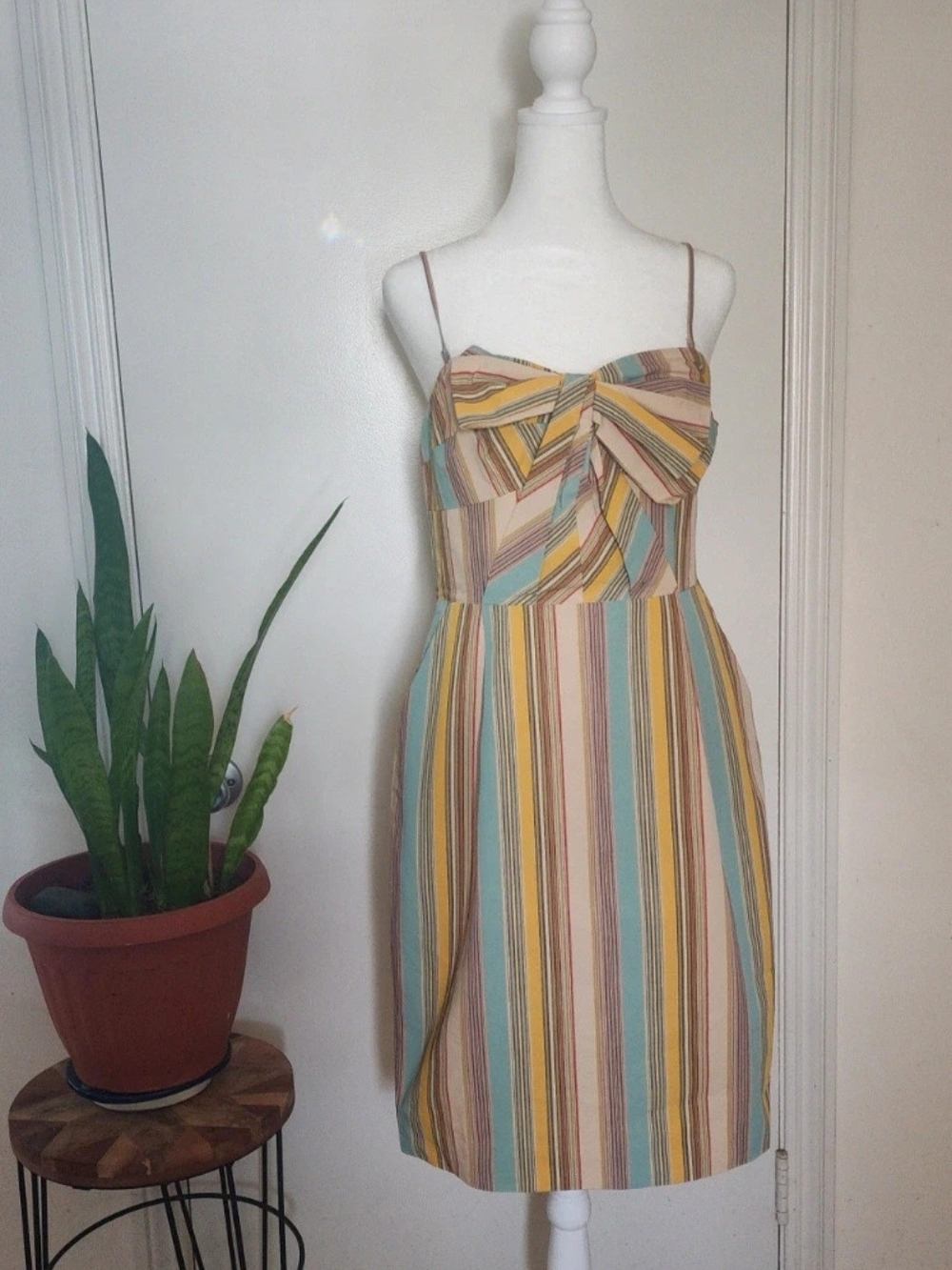 Moulinette Soeurs Striped Spaghetti-Strap Dress in Yellow, Teal, Brown